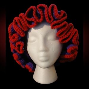 NWT Handcrated Red, Purple & Black Ruffled Knit Hat.